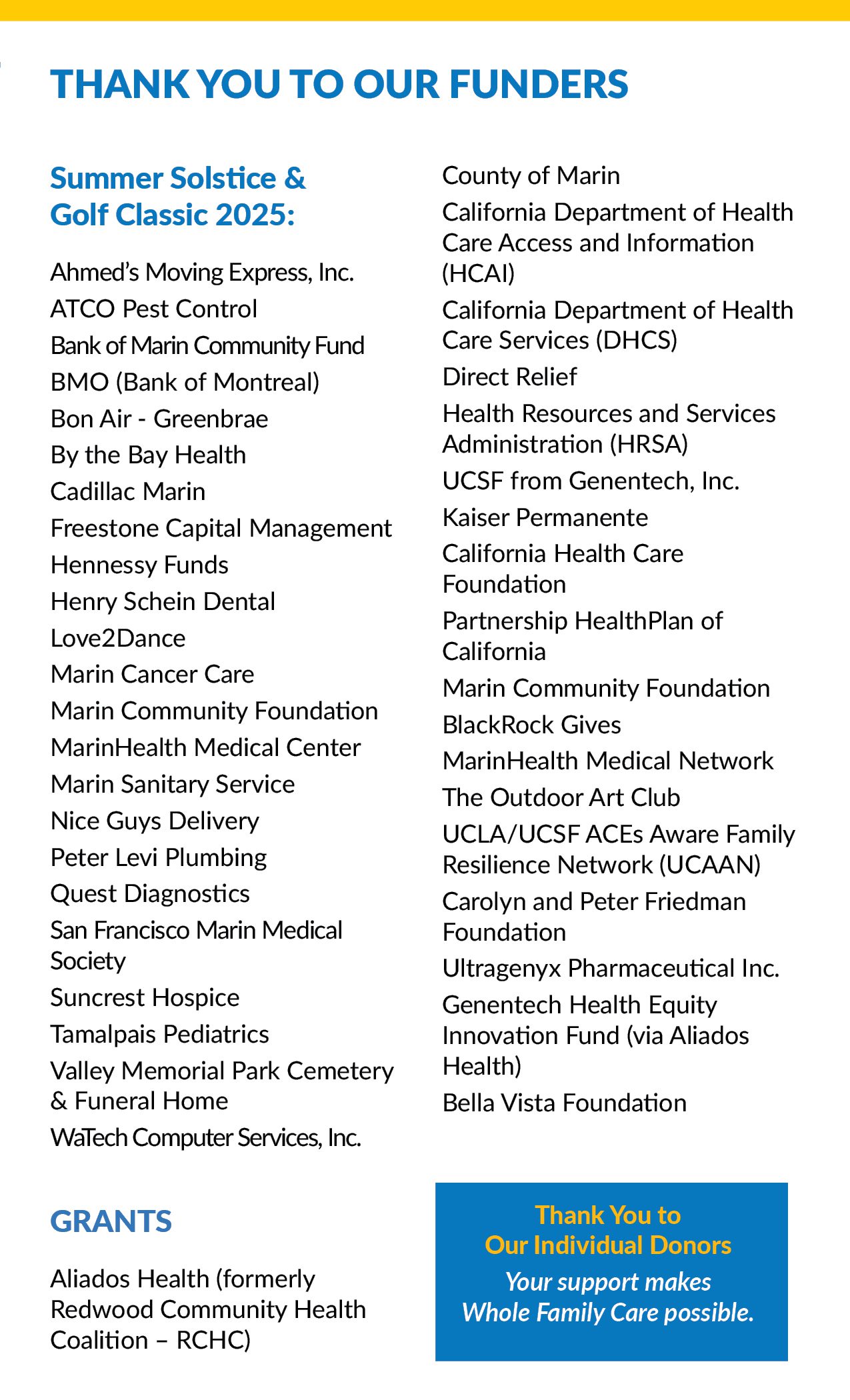 A thank you list for funders and grantors, including businesses, foundations, and organizations, with a highlighted section for major individual donors and a slogan, Your gift makes Whole Family Care possible.