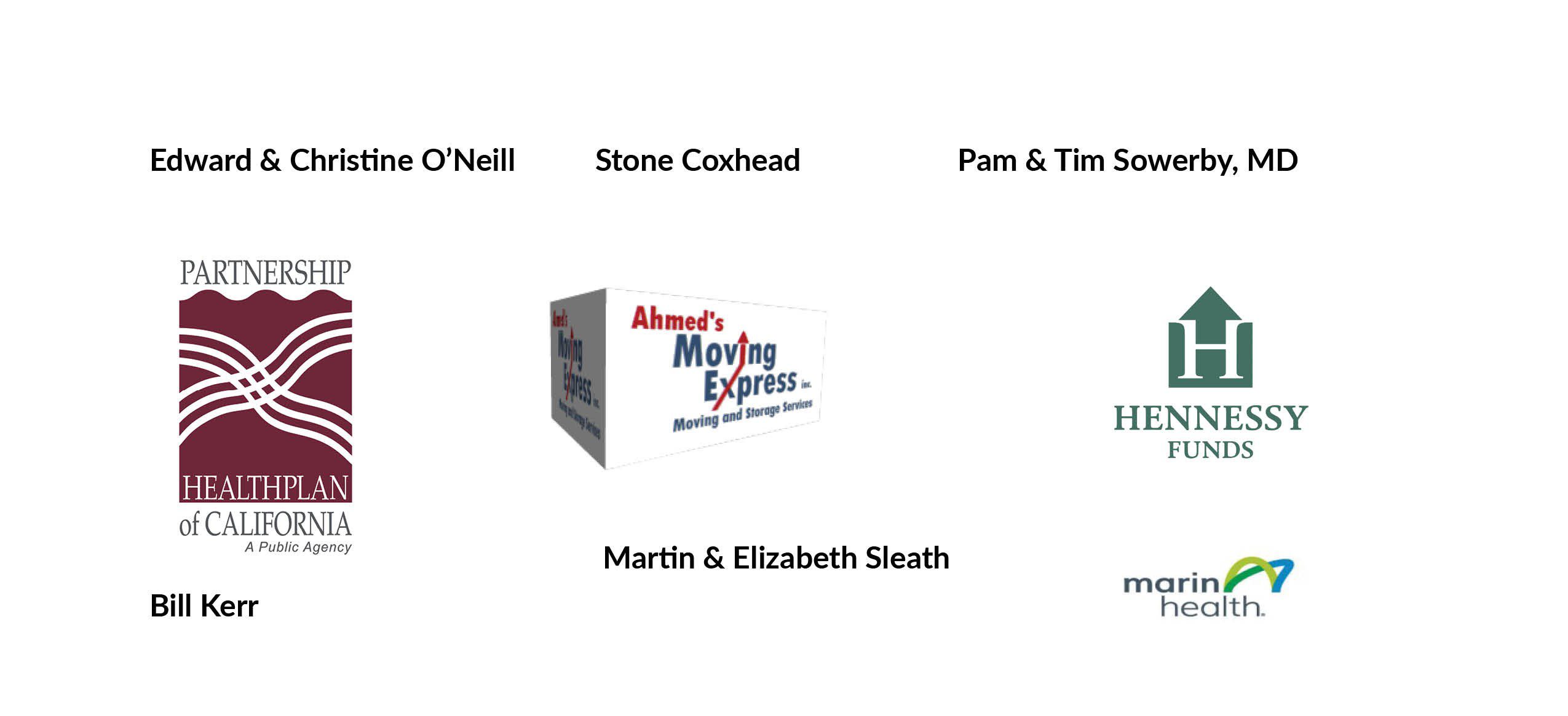 A collection of sponsor names and logos, including Partnership HealthPlan of California, Ahmed’s Moving Express, Hennessy Funds, and MarinHealth, along with names of individual sponsors.