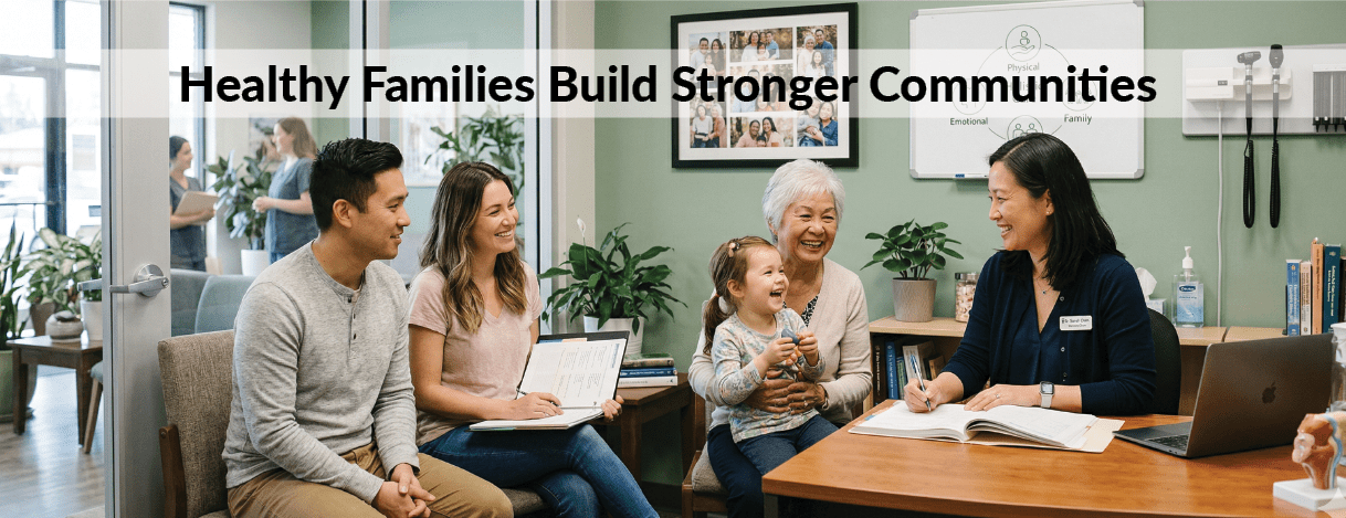 A diverse group, including a child and elderly woman, smiles and talks with a healthcare professional at a clinic. Text reads “Healthy Families Build Stronger Communities.”.